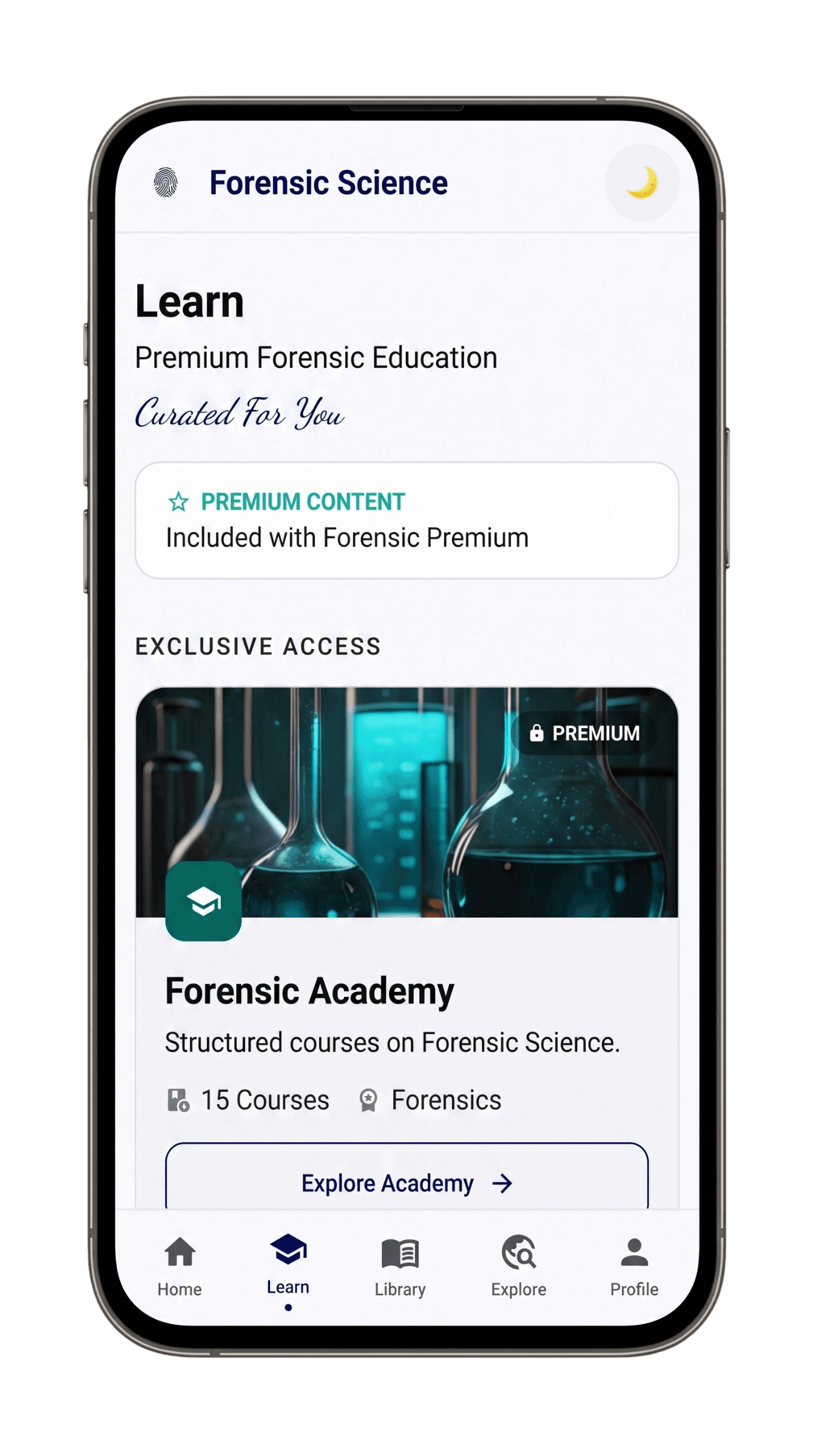 Forensic Academy screen in the Forensic Science app