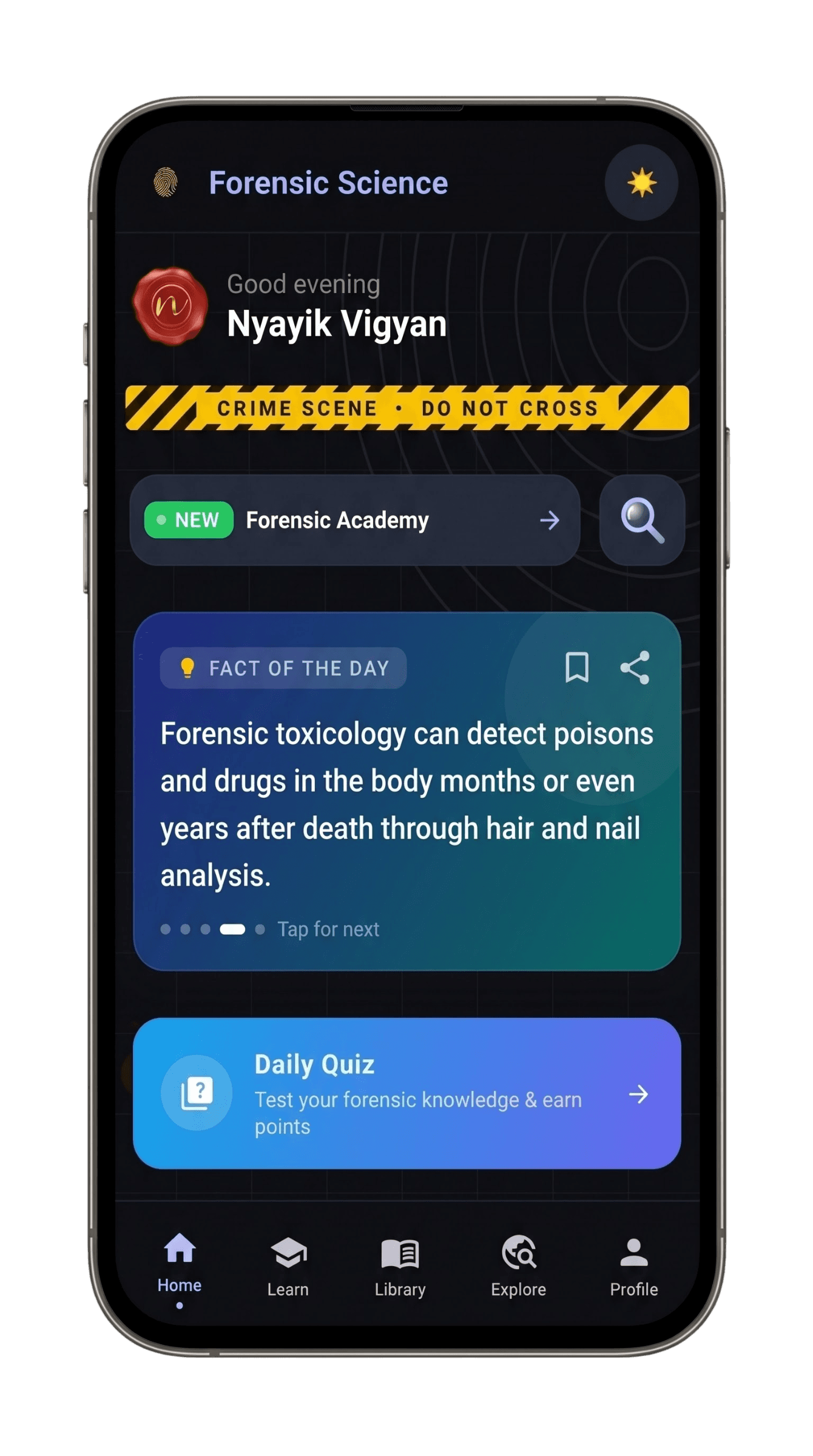 Forensic Science app home screen in dark mode