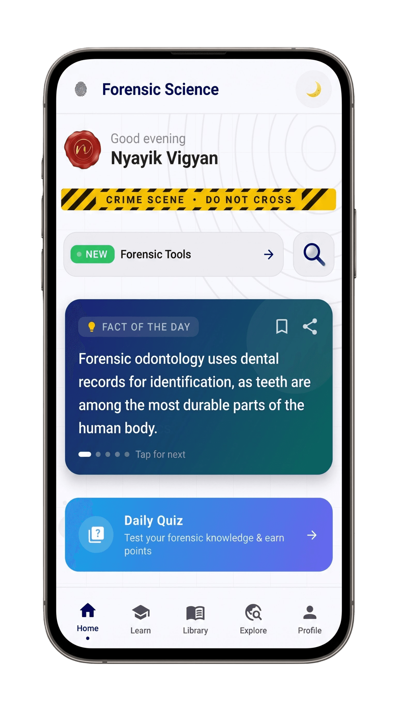 Forensic Science app home screen in light mode
