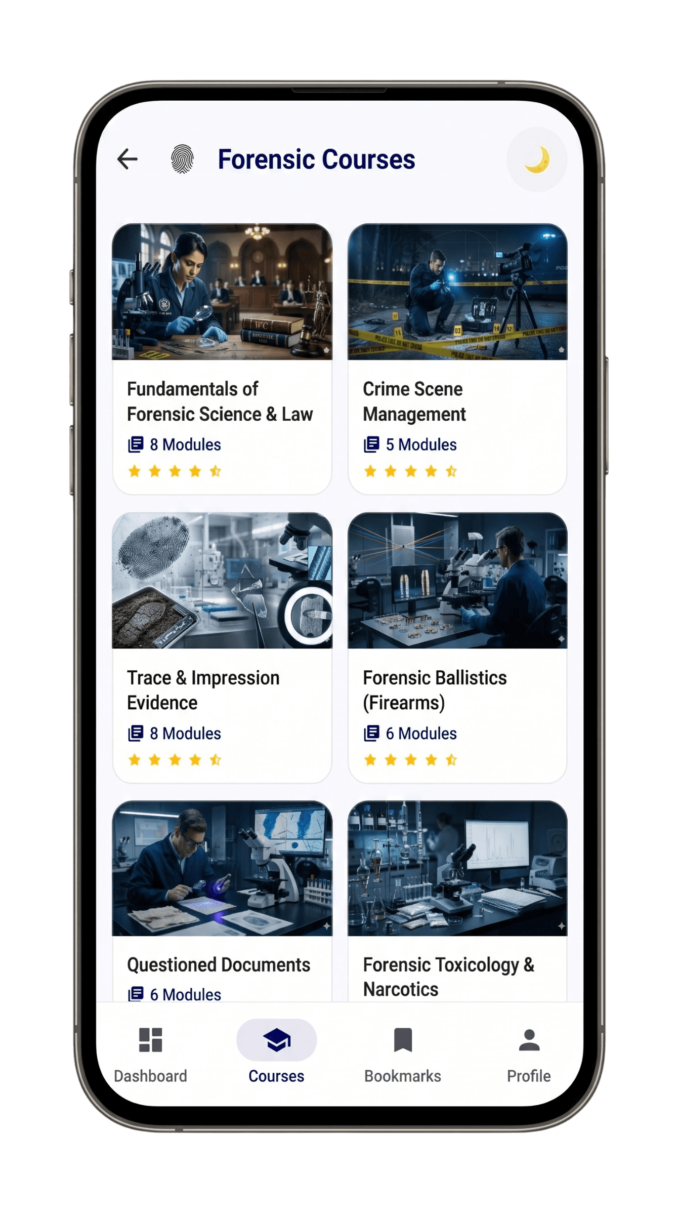 Video Courses screen in the Forensic Science app