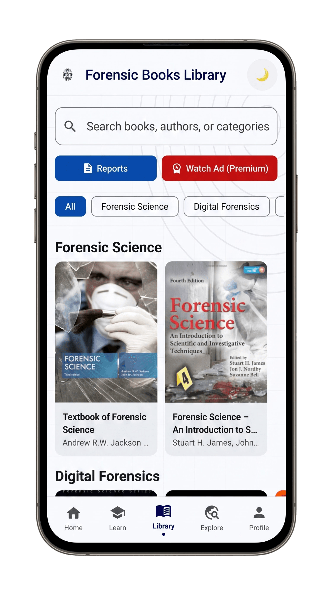 Forensic Library screen in the Forensic Science app