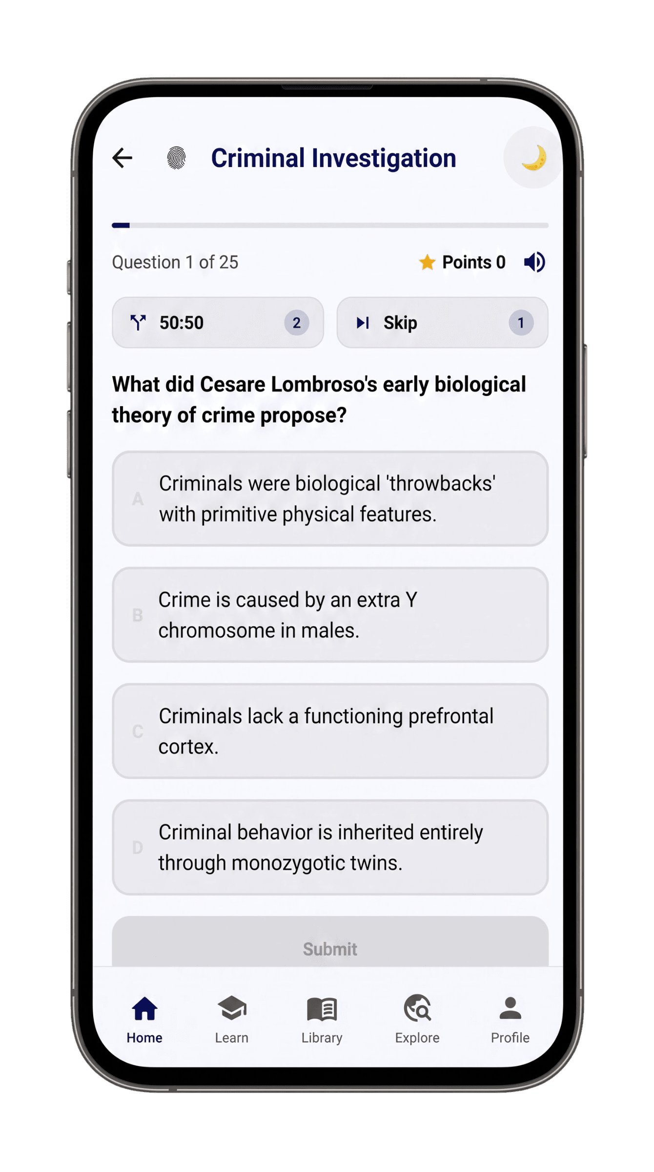 Practice Quizzes screen in the Forensic Science app