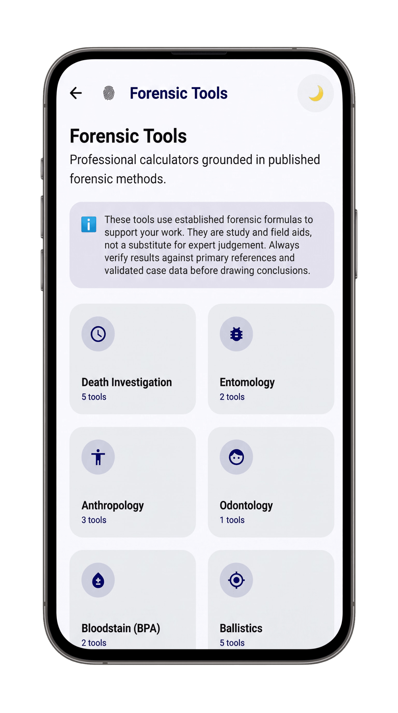 Forensic Tools screen in the Forensic Science app