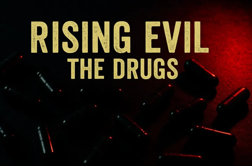 Rising Evil The Drugs, Dark dramatic image of scattered pills with ominous lighting for drug crime article