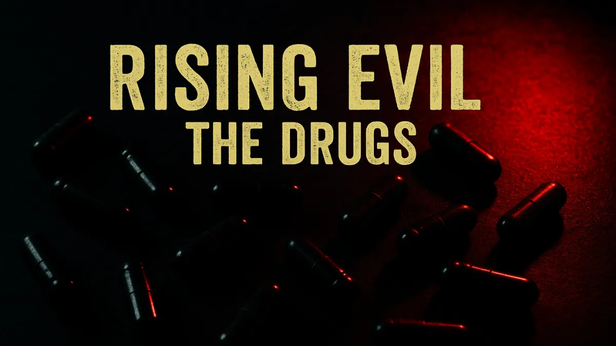 Rising Evil The Drugs, Dark dramatic image of scattered pills with ominous lighting for drug crime article