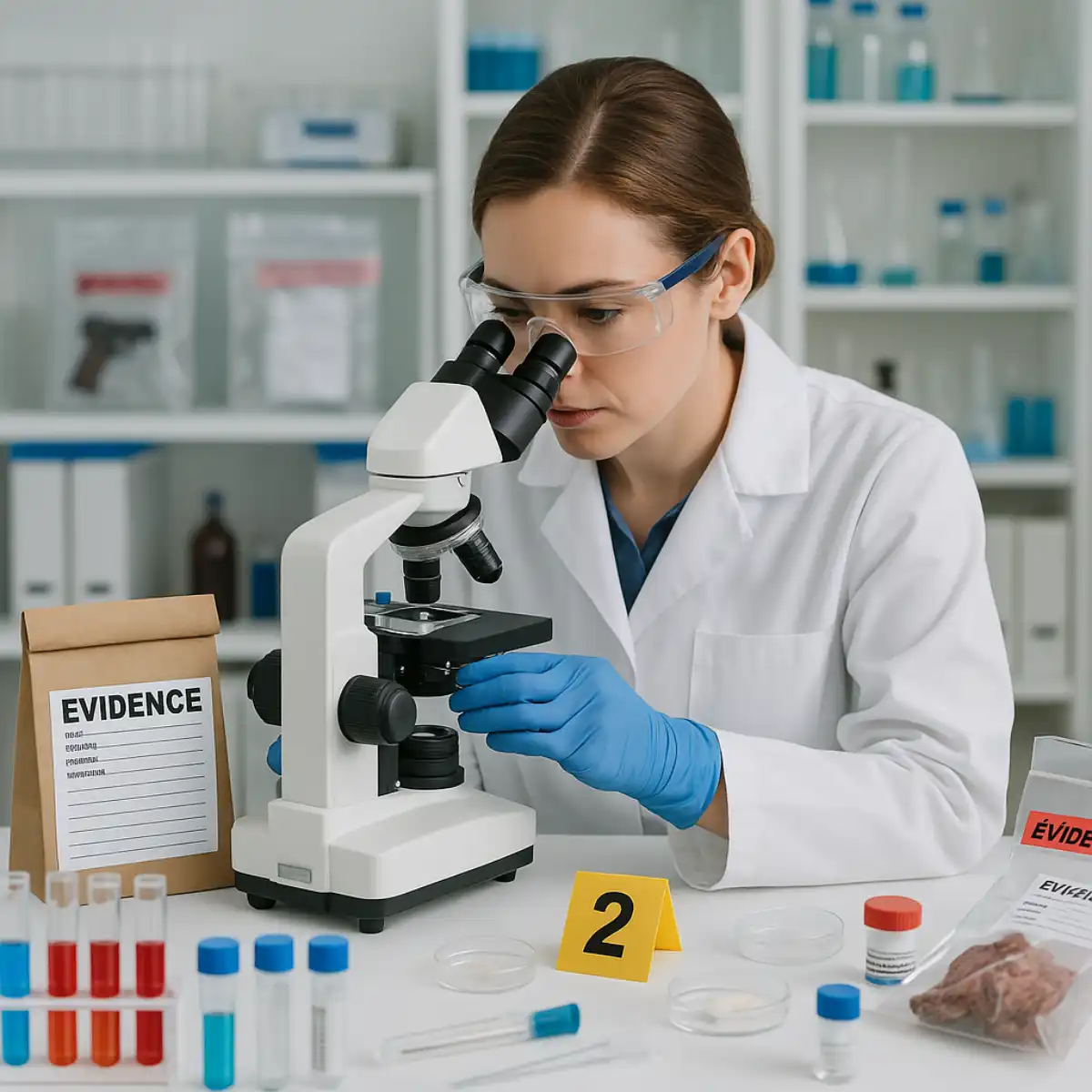 Forensic science technician examining evidence under microscope in crime laboratory with evidence bags and samples