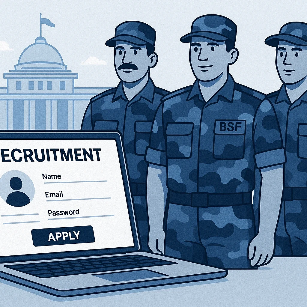BSF Head Constable Recruitment 2025 BSF soldiers with digital recruitment application form and government building