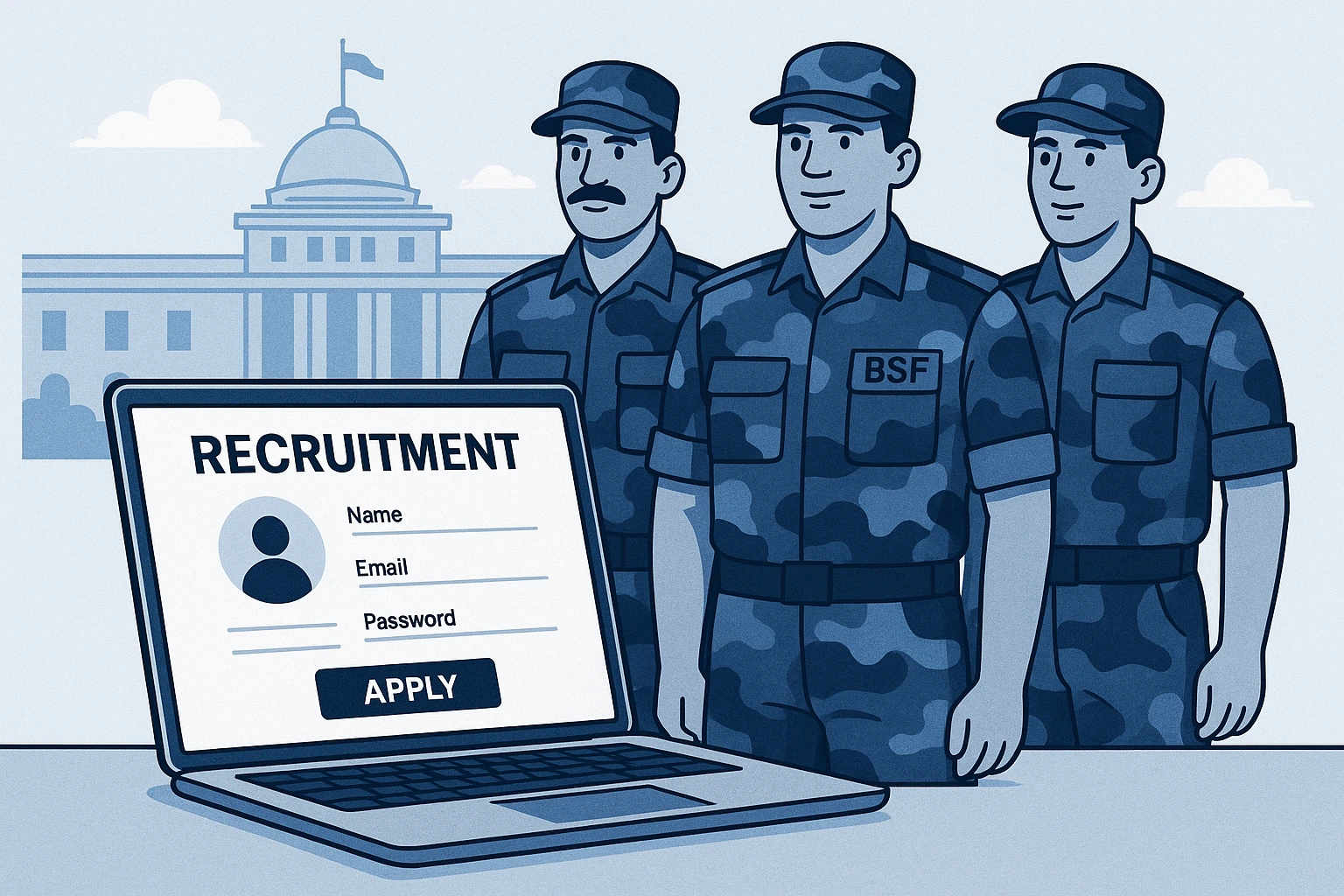 BSF Head Constable Recruitment 2025 BSF soldiers with digital recruitment application form and government building