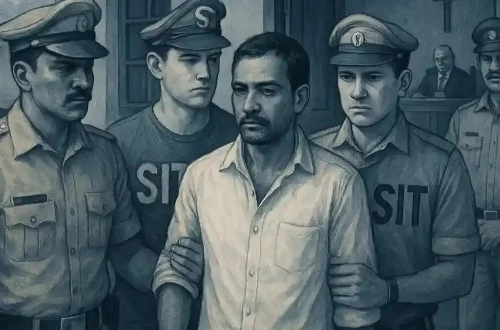 Dharmasthala mass burial case, editorial illustration of SIT officers escorting witness in Belthangady court investigation