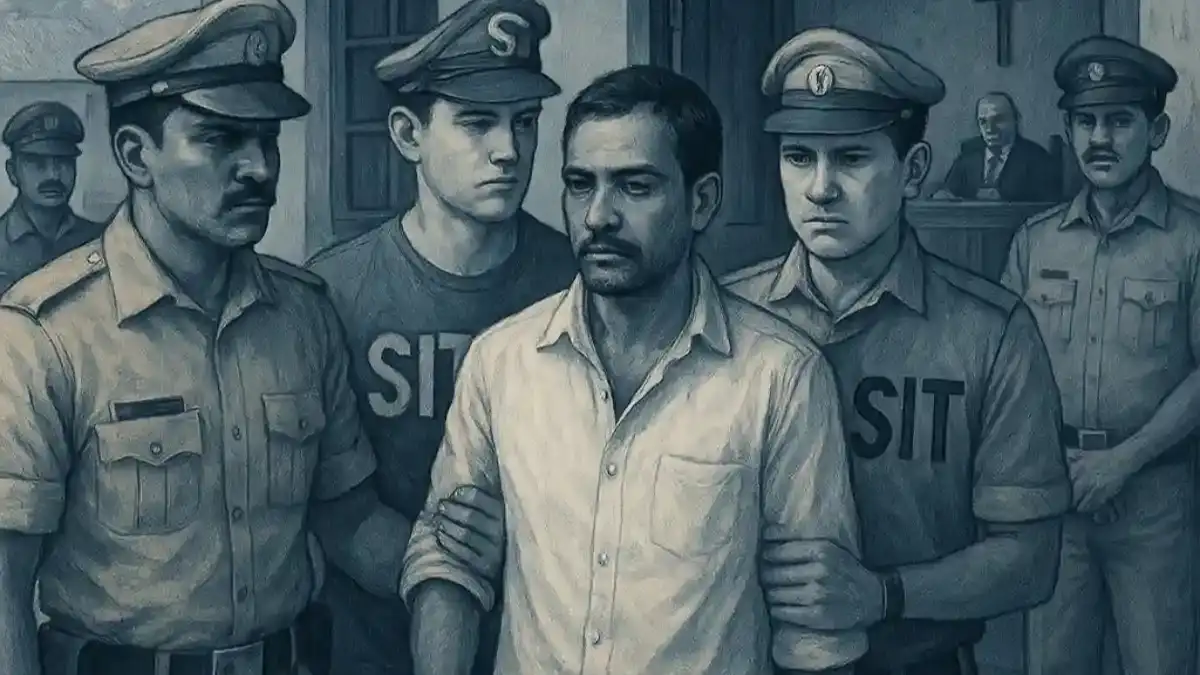 Dharmasthala mass burial case, editorial illustration of SIT officers escorting witness in Belthangady court investigation