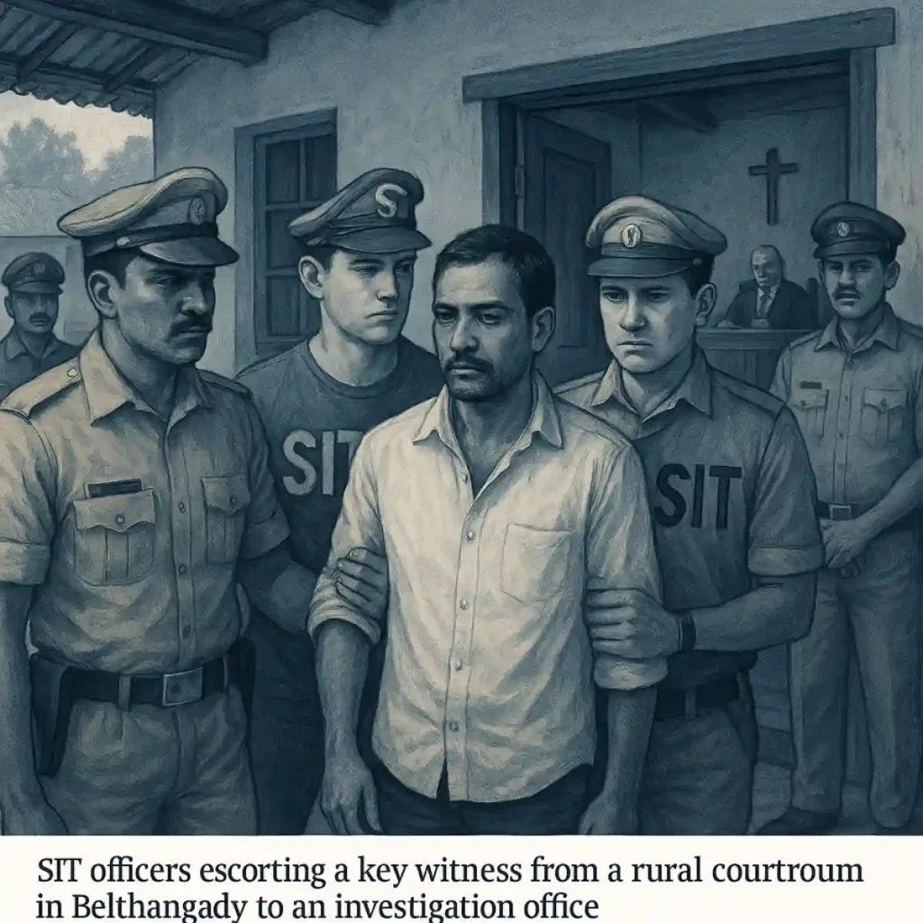 Dharmasthala mass burial case, editorial illustration of SIT officers escorting witness in Belthangady court investigation