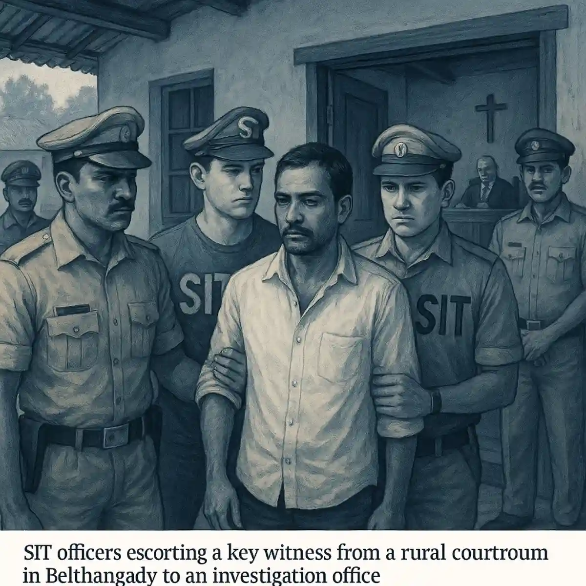 Dharmasthala mass burial case, editorial illustration of SIT officers escorting witness in Belthangady court investigation
