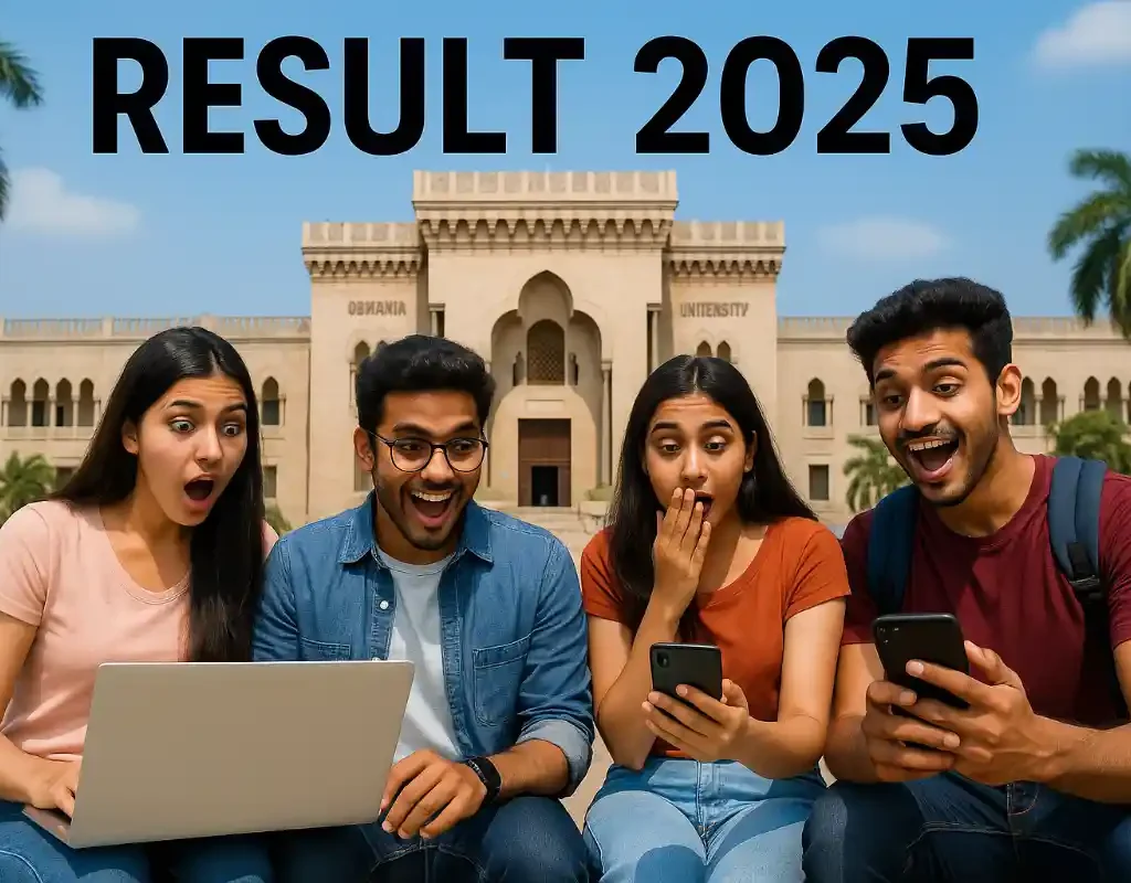 OU Result 2025, Students checking 2025 exam results with Osmania University campus in background