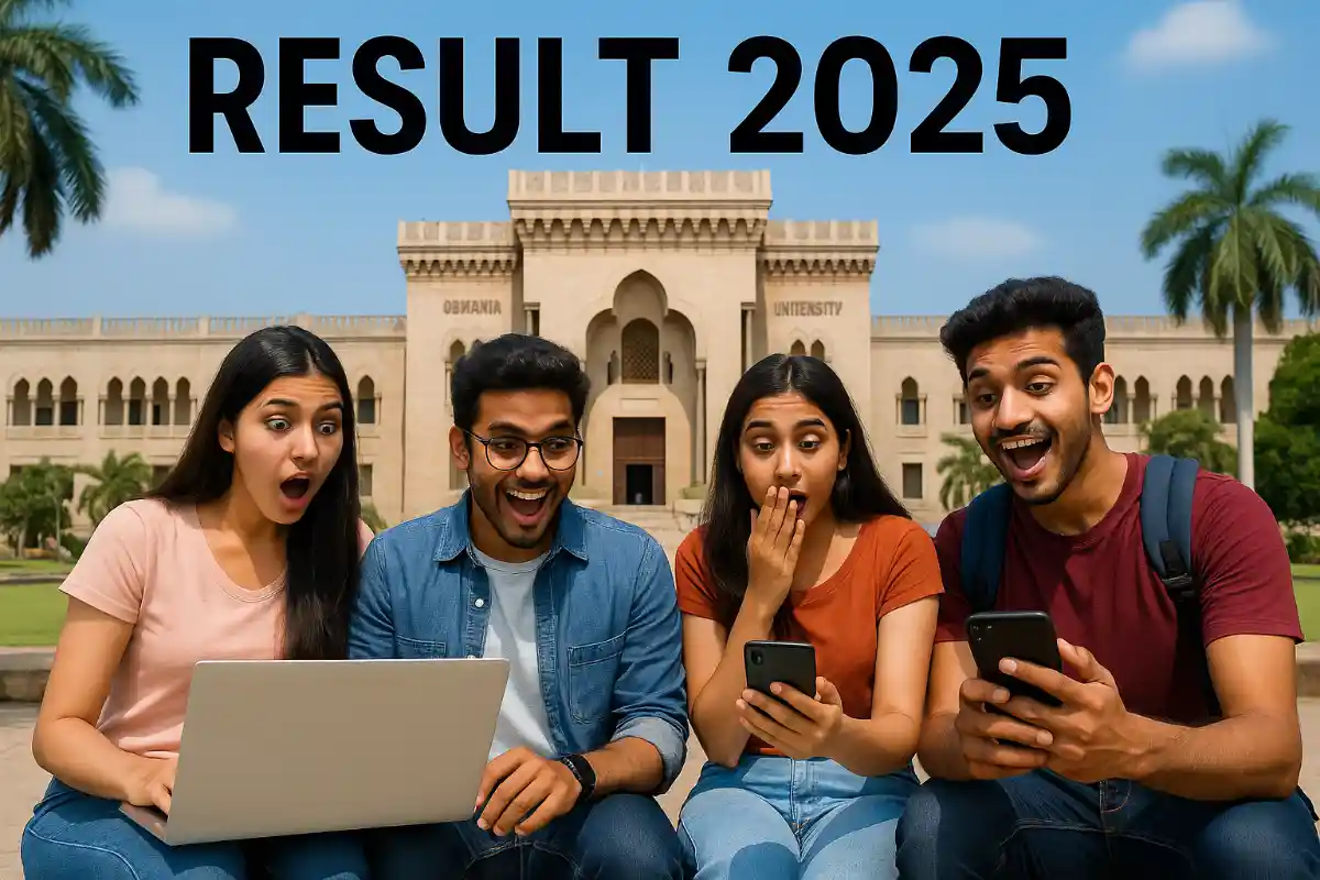 OU Result 2025, Students checking 2025 exam results with Osmania University campus in background