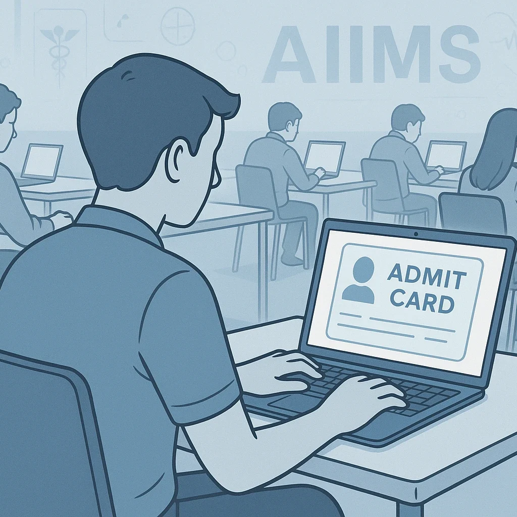 Aiims cre Modern examination hall with computer-based testing and digital admit card display