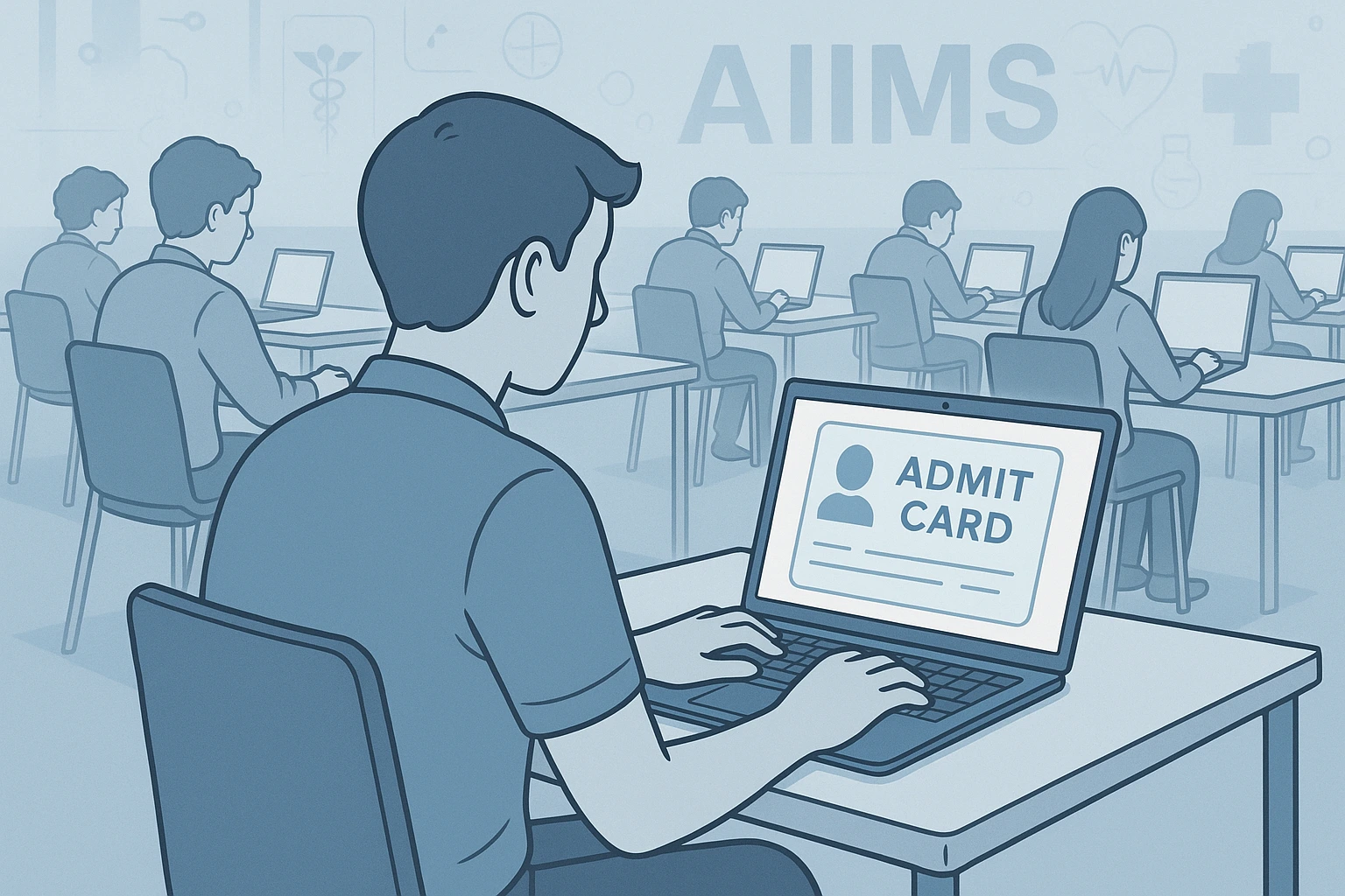Aiims cre Modern examination hall with computer-based testing and digital admit card display