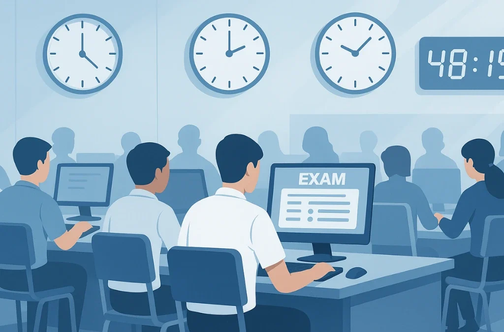 ibps po exam time 2025 Students in computer-based banking exam hall with shift clocks and digital timer