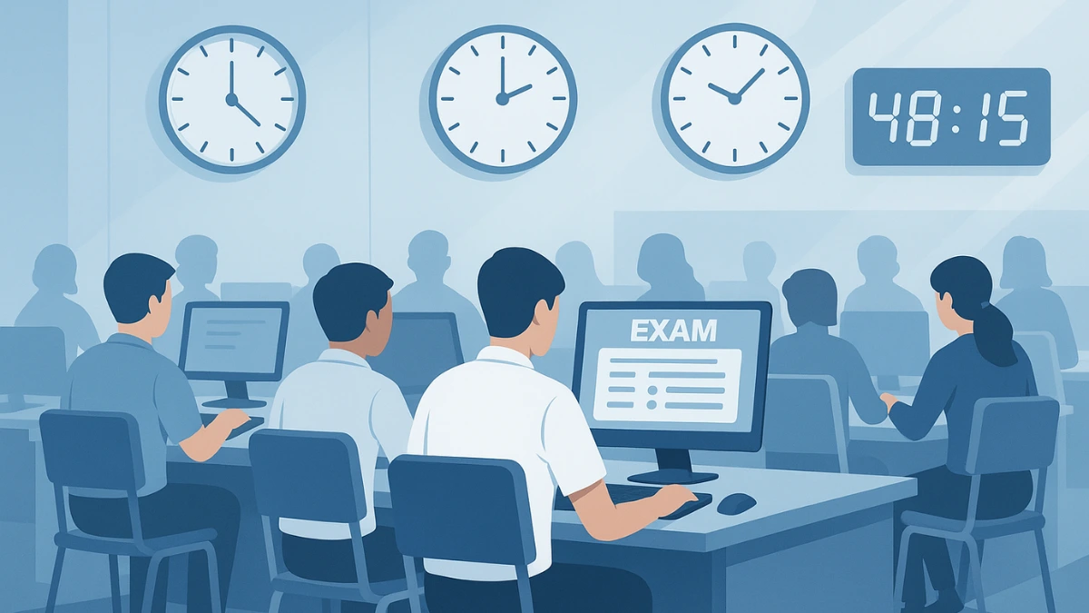 ibps po exam time 2025 Students in computer-based banking exam hall with shift clocks and digital timer