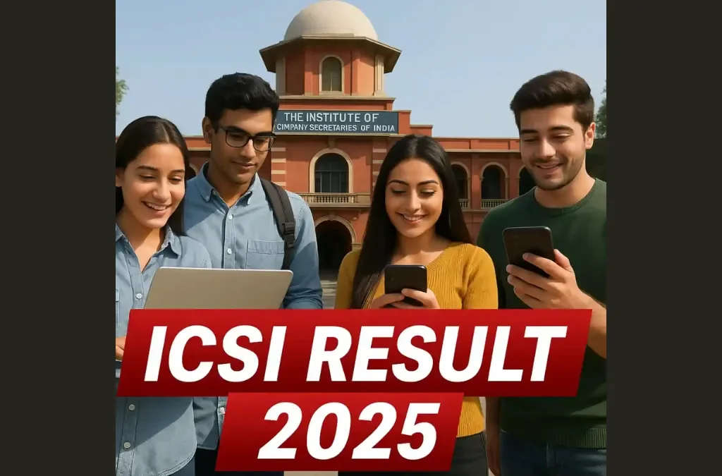 ICSI CS June 2025 Result, Indian students checking ICSI results on devices with red result banner