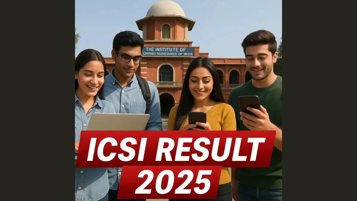 ICSI CS June 2025 Result, Indian students checking ICSI results on devices with red result banner