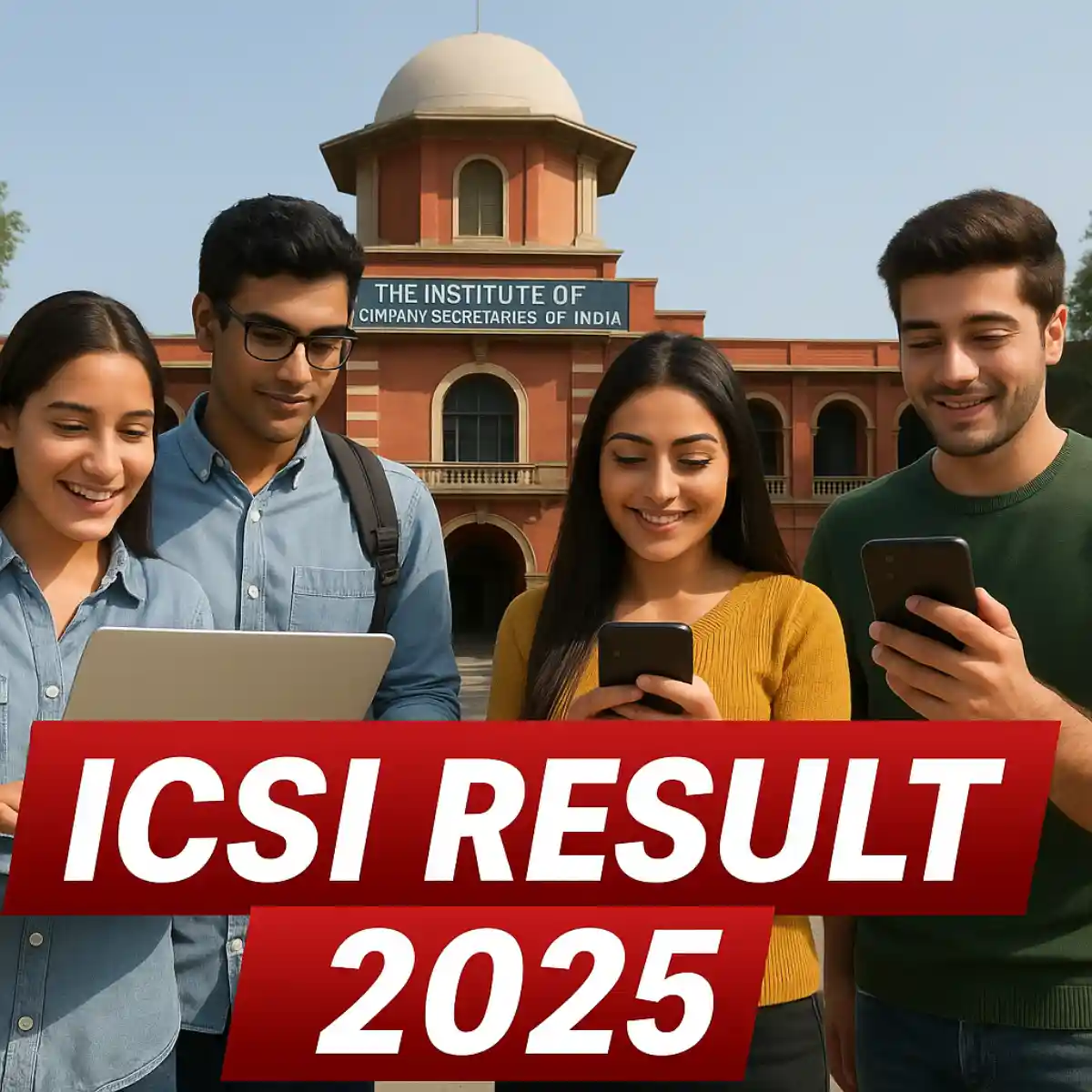 ICSI CS June 2025 Result, Indian students checking ICSI results on devices with red result banner