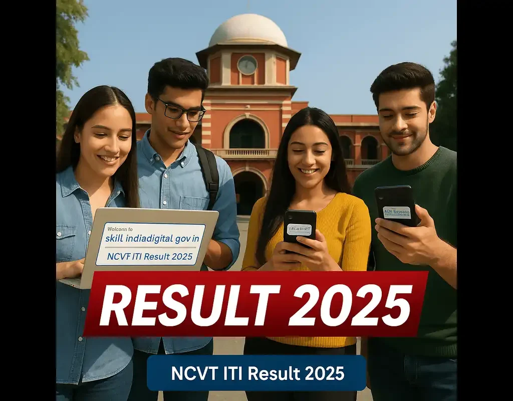 NCVT ITI Result 2025 featured image showing students checking results online