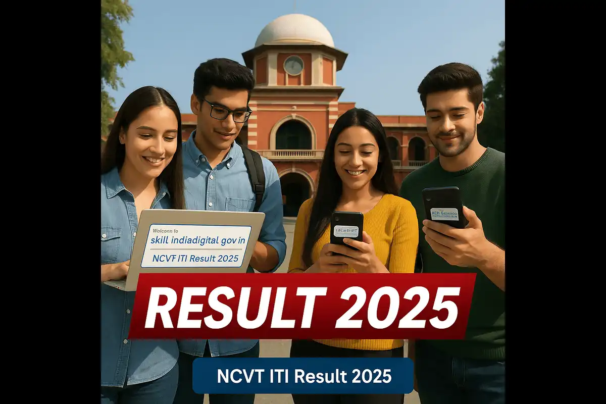 NCVT ITI Result 2025 featured image showing students checking results online