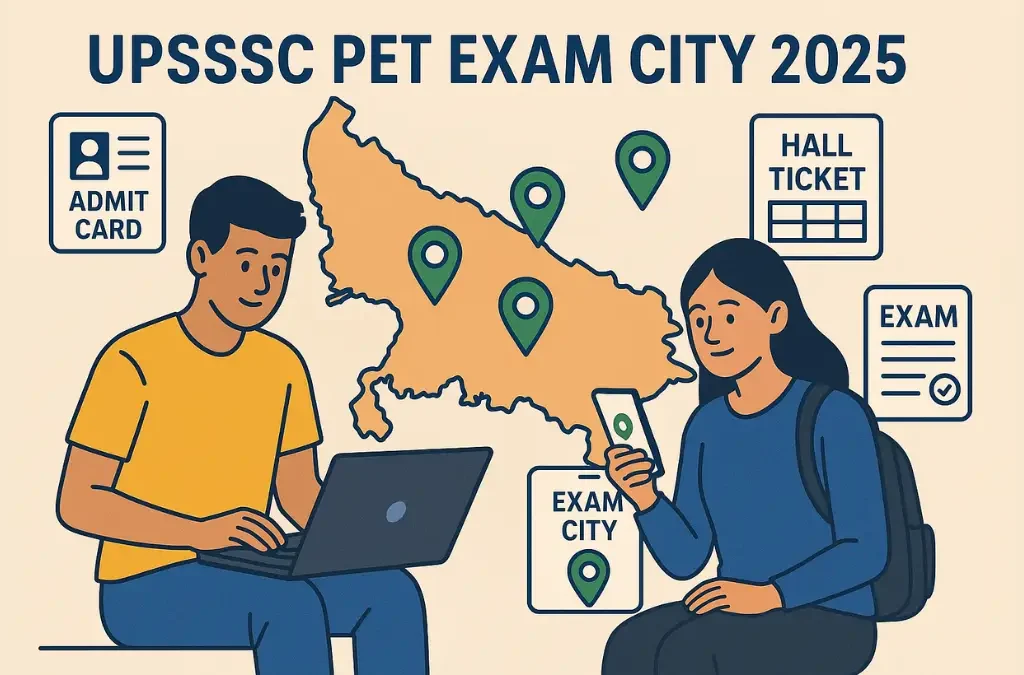 Infographic of upsssc pet exam date 2025 UPSSSC PET exam city details on digital devices with UP map