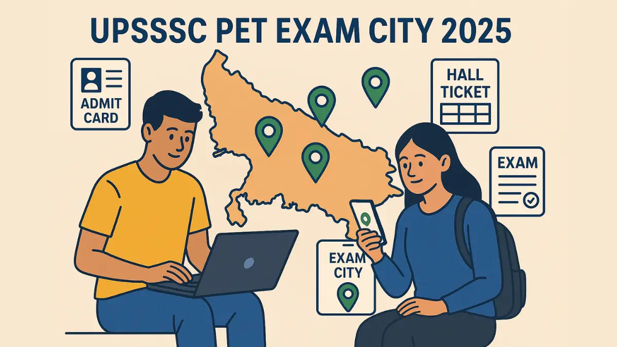 Infographic of upsssc pet exam date 2025 UPSSSC PET exam city details on digital devices with UP map